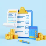 Ilustração de uma torre de iluminação com uma lista de verificação, calculadora, moedas e caneta, representando a solicitação de orçamento ideal.
